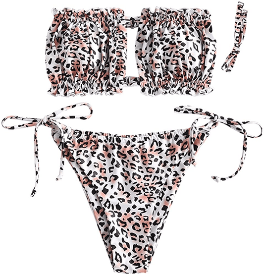 ZAFUL Women's Strapless Ribbed Tie Back Ruffle Cutout Bandeau Bikini Set Swimsuit Apparel & Accessories > Clothing > Swimwear ZAFUL A-leopard Small 