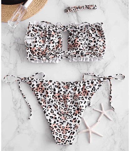 ZAFUL Women's Strapless Ribbed Tie Back Ruffle Cutout Bandeau Bikini Set Swimsuit Apparel & Accessories > Clothing > Swimwear ZAFUL   