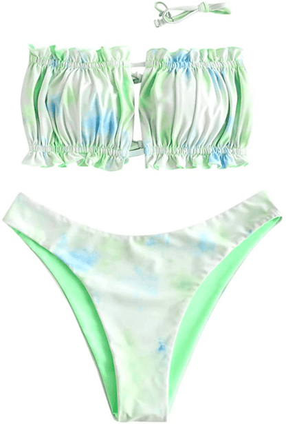 ZAFUL Women's Strapless Ribbed Tie Back Ruffle Cutout Bandeau Bikini Set Swimsuit Apparel & Accessories > Clothing > Swimwear ZAFUL T-multi-d Small 