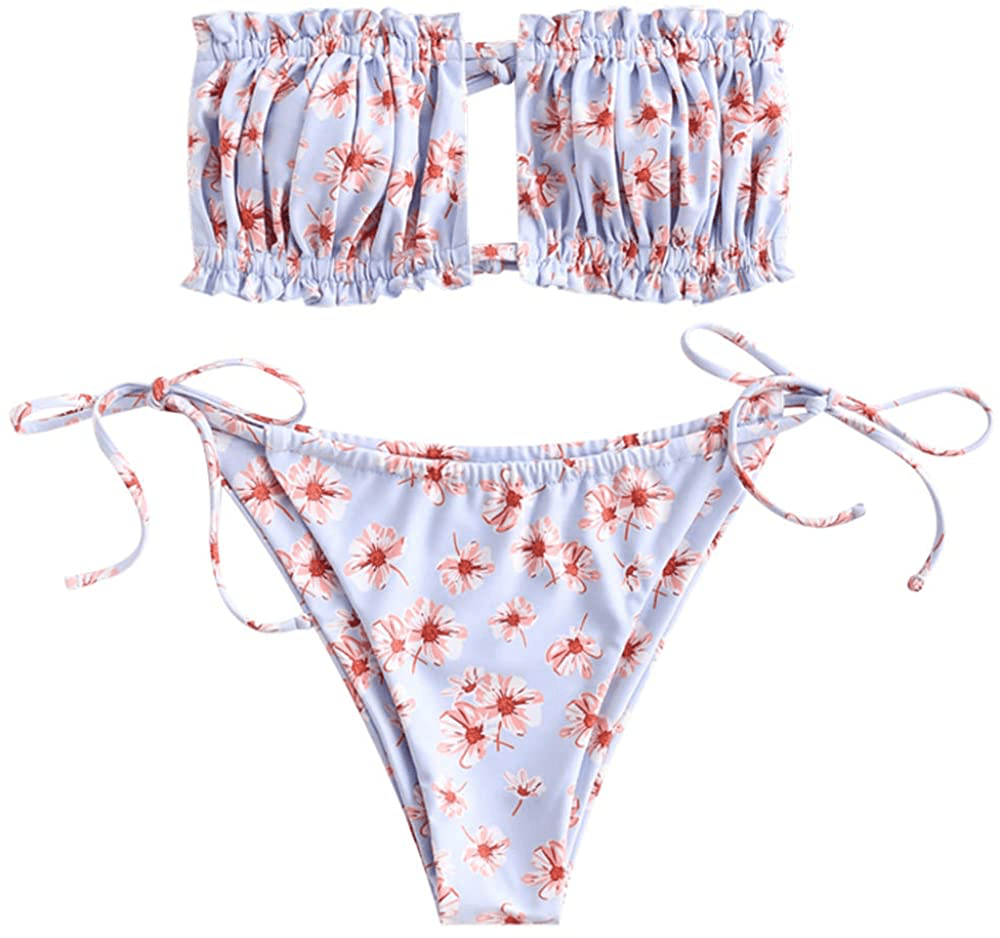 ZAFUL Women's Strapless Ribbed Tie Back Ruffle Cutout Bandeau Bikini Set Swimsuit Apparel & Accessories > Clothing > Swimwear ZAFUL G-light Blue Large 