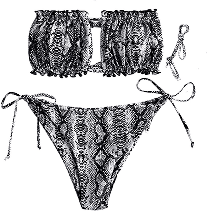 ZAFUL Women's Strapless Ribbed Tie Back Ruffle Cutout Bandeau Bikini Set Swimsuit Apparel & Accessories > Clothing > Swimwear ZAFUL A-snake Medium 