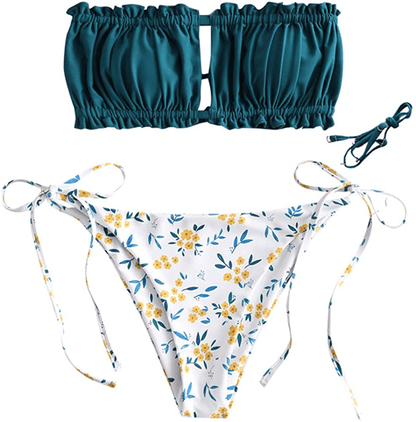 ZAFUL Women's Strapless Ribbed Tie Back Ruffle Cutout Bandeau Bikini Set Swimsuit Apparel & Accessories > Clothing > Swimwear ZAFUL V-blue Small 