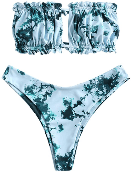 ZAFUL Women's Strapless Ribbed Tie Back Ruffle Cutout Bandeau Bikini Set Swimsuit Apparel & Accessories > Clothing > Swimwear ZAFUL I-blue Small 
