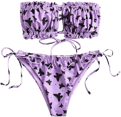 ZAFUL Women's Strapless Ribbed Tie Back Ruffle Cutout Bandeau Bikini Set Swimsuit Apparel & Accessories > Clothing > Swimwear ZAFUL H-light Purple Medium 