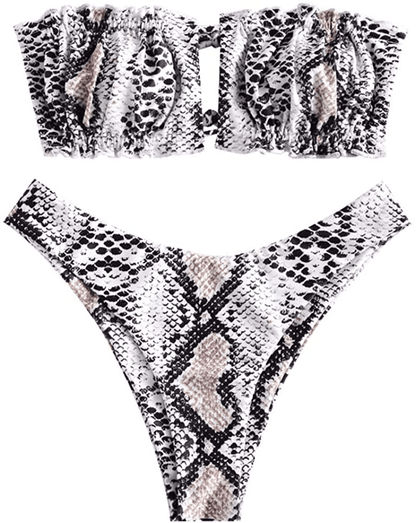 ZAFUL Women's Strapless Ribbed Tie Back Ruffle Cutout Bandeau Bikini Set Swimsuit Apparel & Accessories > Clothing > Swimwear ZAFUL T-snake Medium 