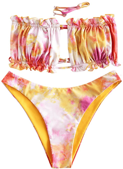 ZAFUL Women's Strapless Ribbed Tie Back Ruffle Cutout Bandeau Bikini Set Swimsuit Apparel & Accessories > Clothing > Swimwear ZAFUL T-multi-a Medium 