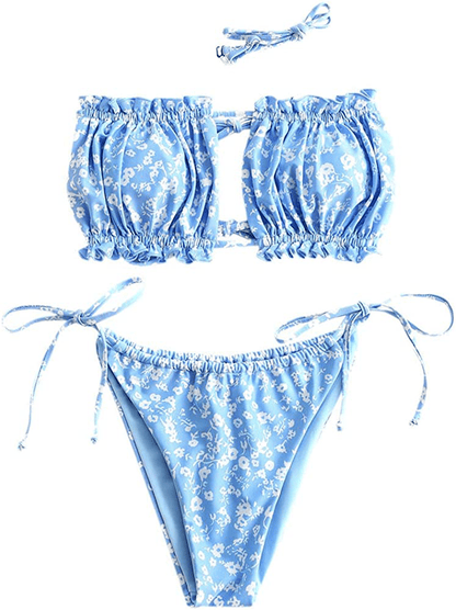 ZAFUL Women's Strapless Ribbed Tie Back Ruffle Cutout Bandeau Bikini Set Swimsuit Apparel & Accessories > Clothing > Swimwear ZAFUL W-light Blue Medium 