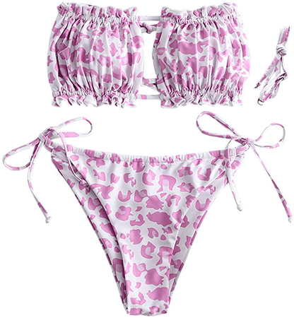 ZAFUL Women's Strapless Ribbed Tie Back Ruffle Cutout Bandeau Bikini Set Swimsuit Apparel & Accessories > Clothing > Swimwear ZAFUL A-purple Small 
