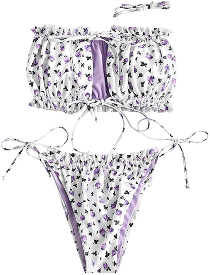 ZAFUL Women's Strapless Ribbed Tie Back Ruffle Cutout Bandeau Bikini Set Swimsuit Apparel & Accessories > Clothing > Swimwear ZAFUL X-mauve Medium 