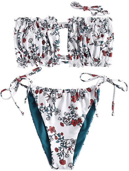 ZAFUL Women's Strapless Ribbed Tie Back Ruffle Cutout Bandeau Bikini Set Swimsuit Apparel & Accessories > Clothing > Swimwear ZAFUL W-white Small 