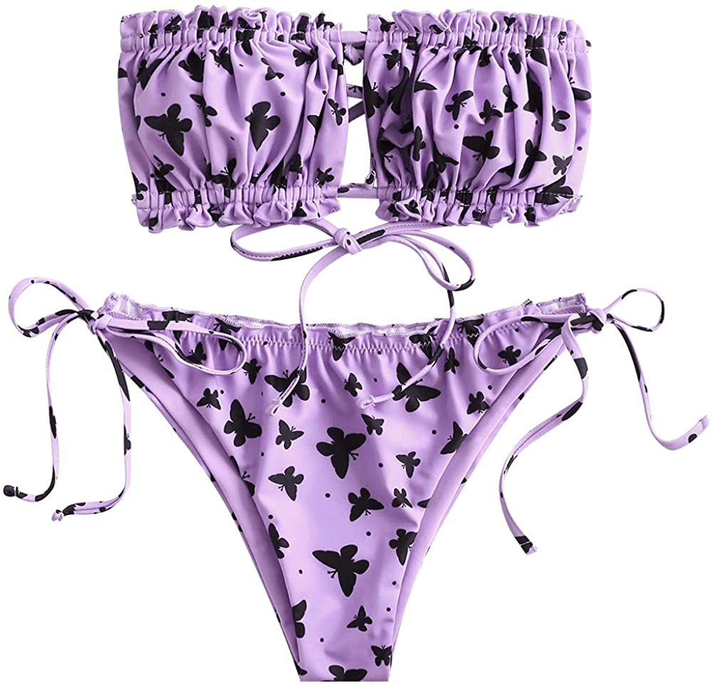 ZAFUL Women's Strapless Ribbed Tie Back Ruffle Cutout Bandeau Bikini Set Swimsuit Apparel & Accessories > Clothing > Swimwear ZAFUL H-light Purple Small 