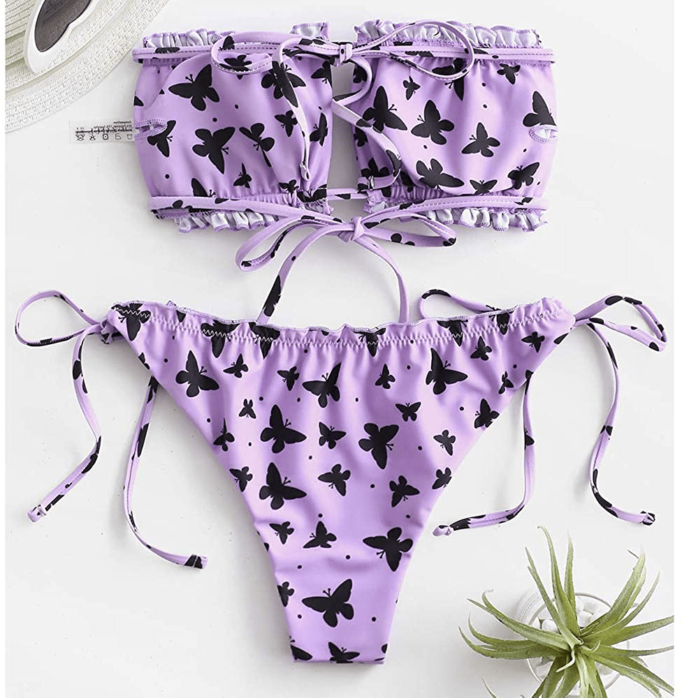 ZAFUL Women's Strapless Ribbed Tie Back Ruffle Cutout Bandeau Bikini Set Swimsuit Apparel & Accessories > Clothing > Swimwear ZAFUL   
