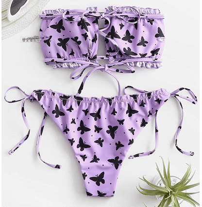 ZAFUL Women's Strapless Ribbed Tie Back Ruffle Cutout Bandeau Bikini Set Swimsuit Apparel & Accessories > Clothing > Swimwear ZAFUL   
