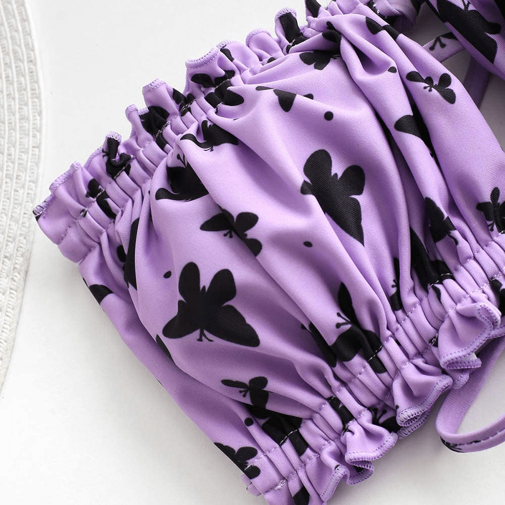 ZAFUL Women's Strapless Ribbed Tie Back Ruffle Cutout Bandeau Bikini Set Swimsuit Apparel & Accessories > Clothing > Swimwear ZAFUL   