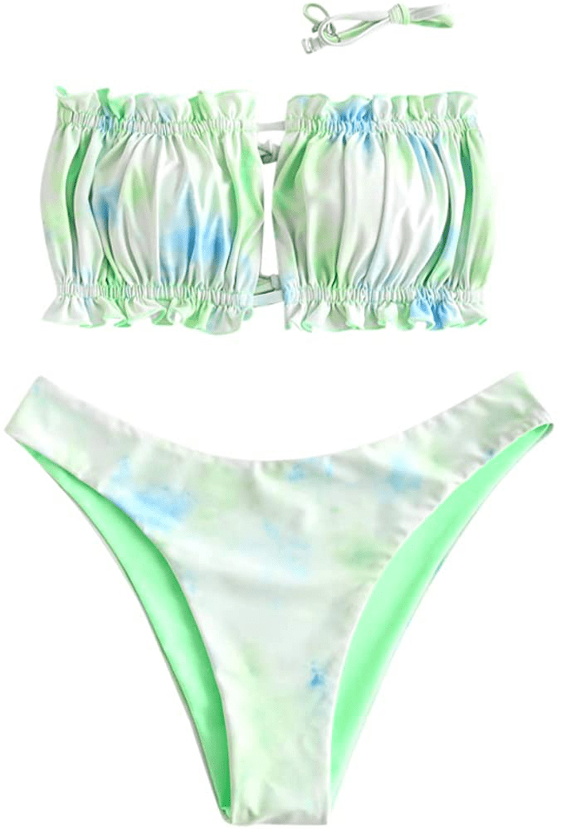 ZAFUL Women's Strapless Ribbed Tie Back Ruffle Cutout Bandeau Bikini Set Swimsuit Apparel & Accessories > Clothing > Swimwear ZAFUL T-multi-d Small 