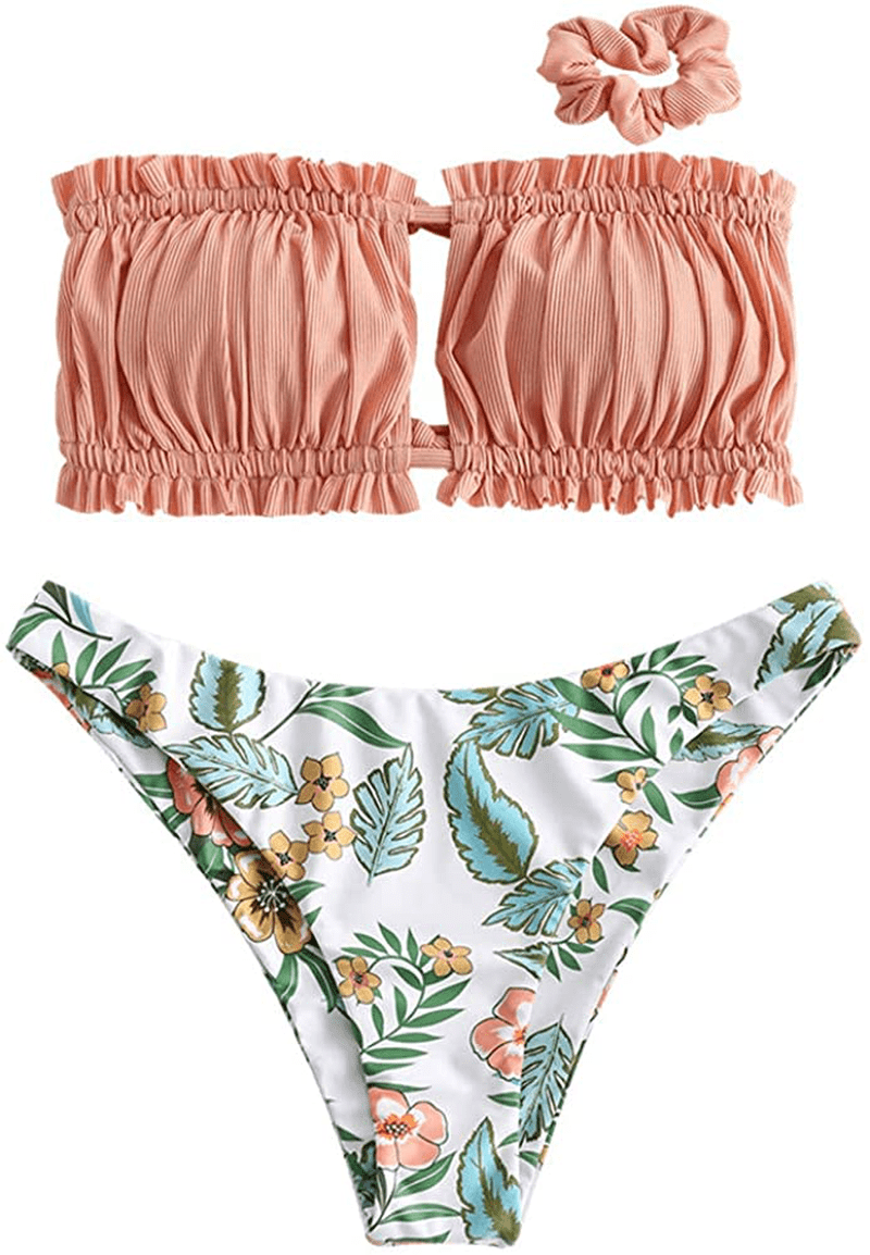 ZAFUL Women's Strapless Ribbed Tie Back Ruffle Cutout Bandeau Bikini Set Swimsuit Apparel & Accessories > Clothing > Swimwear ZAFUL Z-salmon Small 