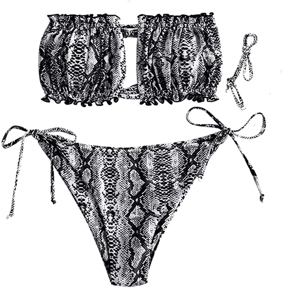 ZAFUL Women's Strapless Ribbed Tie Back Ruffle Cutout Bandeau Bikini Set Swimsuit Apparel & Accessories > Clothing > Swimwear ZAFUL A-snake Medium 