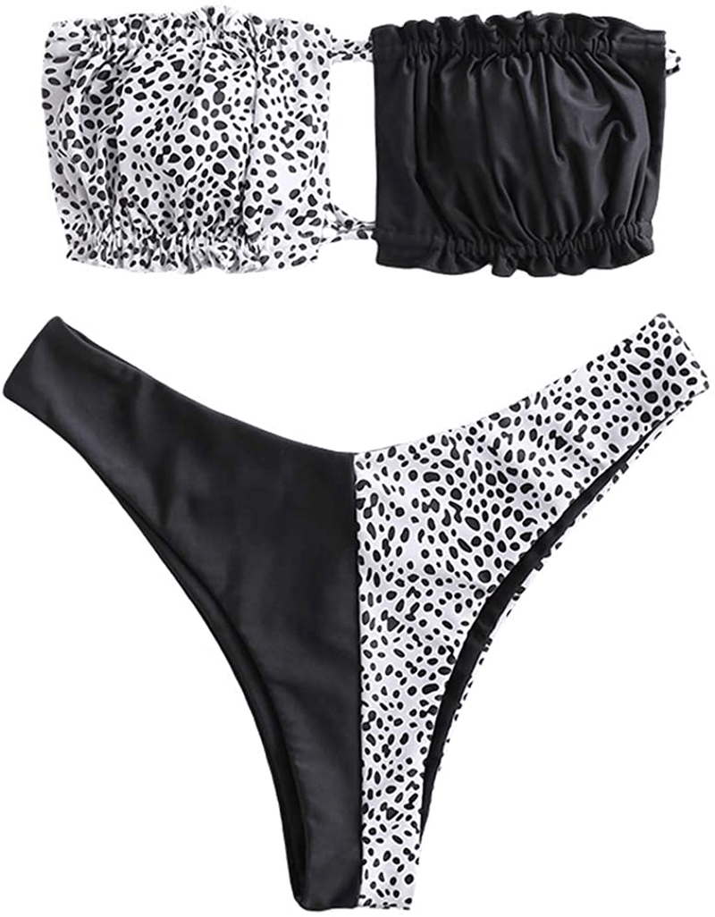 ZAFUL Women's Strapless Ribbed Tie Back Ruffle Cutout Bandeau Bikini Set Swimsuit Apparel & Accessories > Clothing > Swimwear ZAFUL E-dot Small 