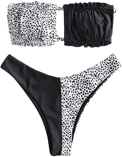 ZAFUL Women's Strapless Ribbed Tie Back Ruffle Cutout Bandeau Bikini Set Swimsuit Apparel & Accessories > Clothing > Swimwear ZAFUL E-dot Small 