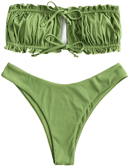 ZAFUL Women's Strapless Ribbed Tie Back Ruffle Cutout Bandeau Bikini Set Swimsuit Apparel & Accessories > Clothing > Swimwear ZAFUL K-light Green Medium 