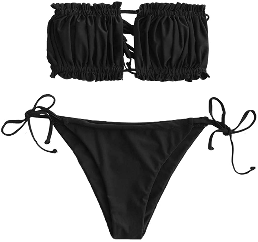ZAFUL Women's Strapless Ribbed Tie Back Ruffle Cutout Bandeau Bikini Set Swimsuit Apparel & Accessories > Clothing > Swimwear ZAFUL U-black Medium 