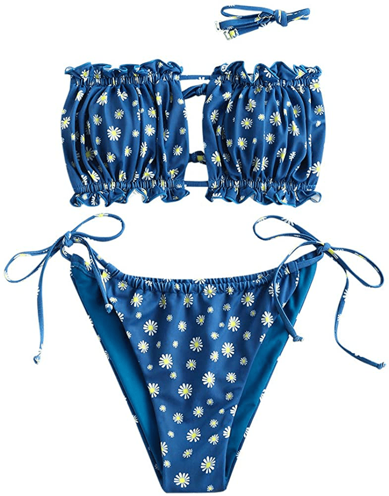 ZAFUL Women's Strapless Ribbed Tie Back Ruffle Cutout Bandeau Bikini Set Swimsuit Apparel & Accessories > Clothing > Swimwear ZAFUL W-blue Medium 