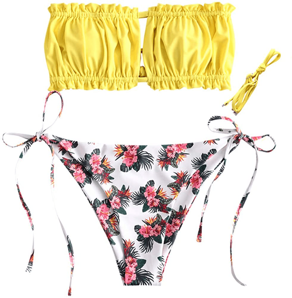ZAFUL Women's Strapless Ribbed Tie Back Ruffle Cutout Bandeau Bikini Set Swimsuit Apparel & Accessories > Clothing > Swimwear ZAFUL V-yellow Medium 