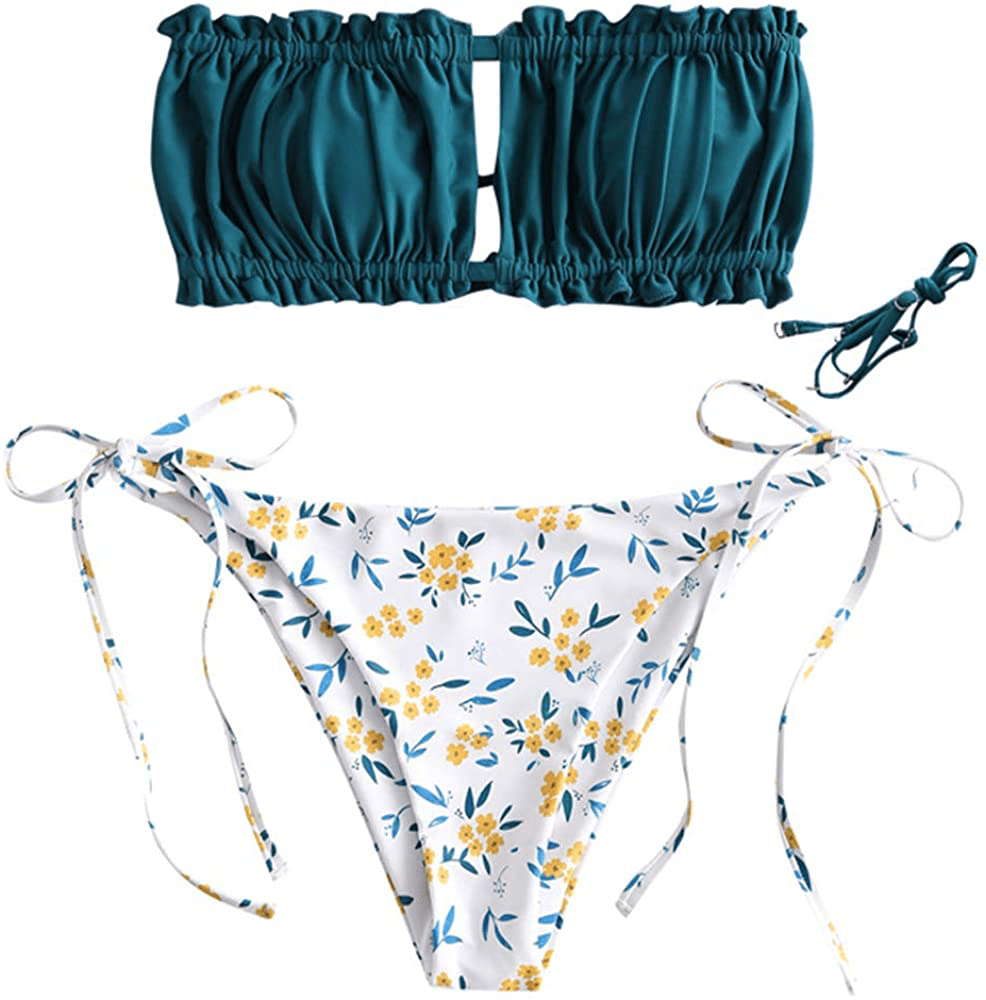 ZAFUL Women's Strapless Ribbed Tie Back Ruffle Cutout Bandeau Bikini Set Swimsuit Apparel & Accessories > Clothing > Swimwear ZAFUL V-blue Small 