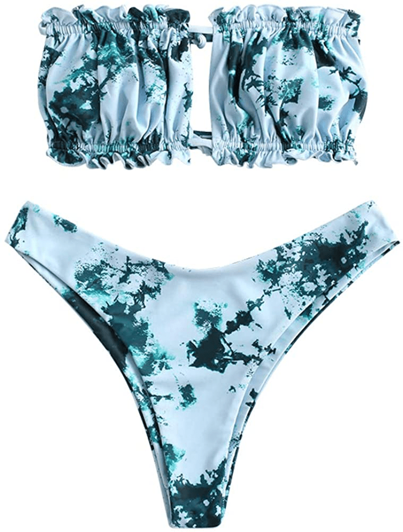 ZAFUL Women's Strapless Ribbed Tie Back Ruffle Cutout Bandeau Bikini Set Swimsuit Apparel & Accessories > Clothing > Swimwear ZAFUL I-blue Small 