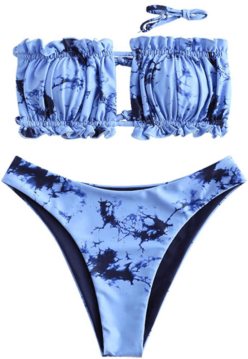 ZAFUL Women's Strapless Ribbed Tie Back Ruffle Cutout Bandeau Bikini Set Swimsuit Apparel & Accessories > Clothing > Swimwear ZAFUL T-multi-b Medium 
