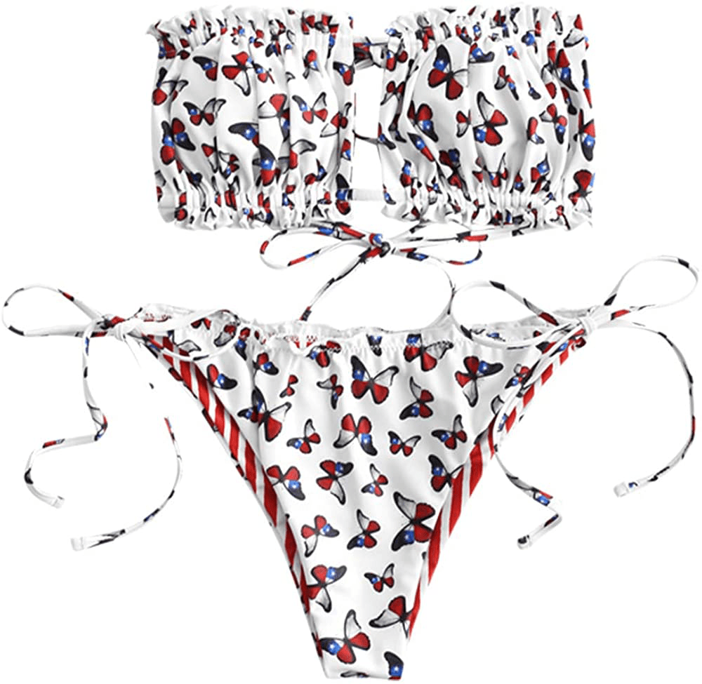 ZAFUL Women's Strapless Ribbed Tie Back Ruffle Cutout Bandeau Bikini Set Swimsuit Apparel & Accessories > Clothing > Swimwear ZAFUL H-red Large 