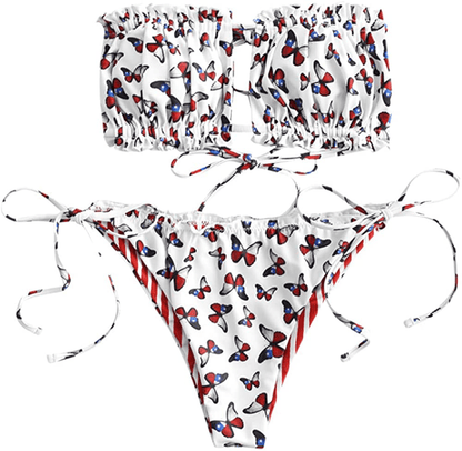 ZAFUL Women's Strapless Ribbed Tie Back Ruffle Cutout Bandeau Bikini Set Swimsuit Apparel & Accessories > Clothing > Swimwear ZAFUL H-red Large 