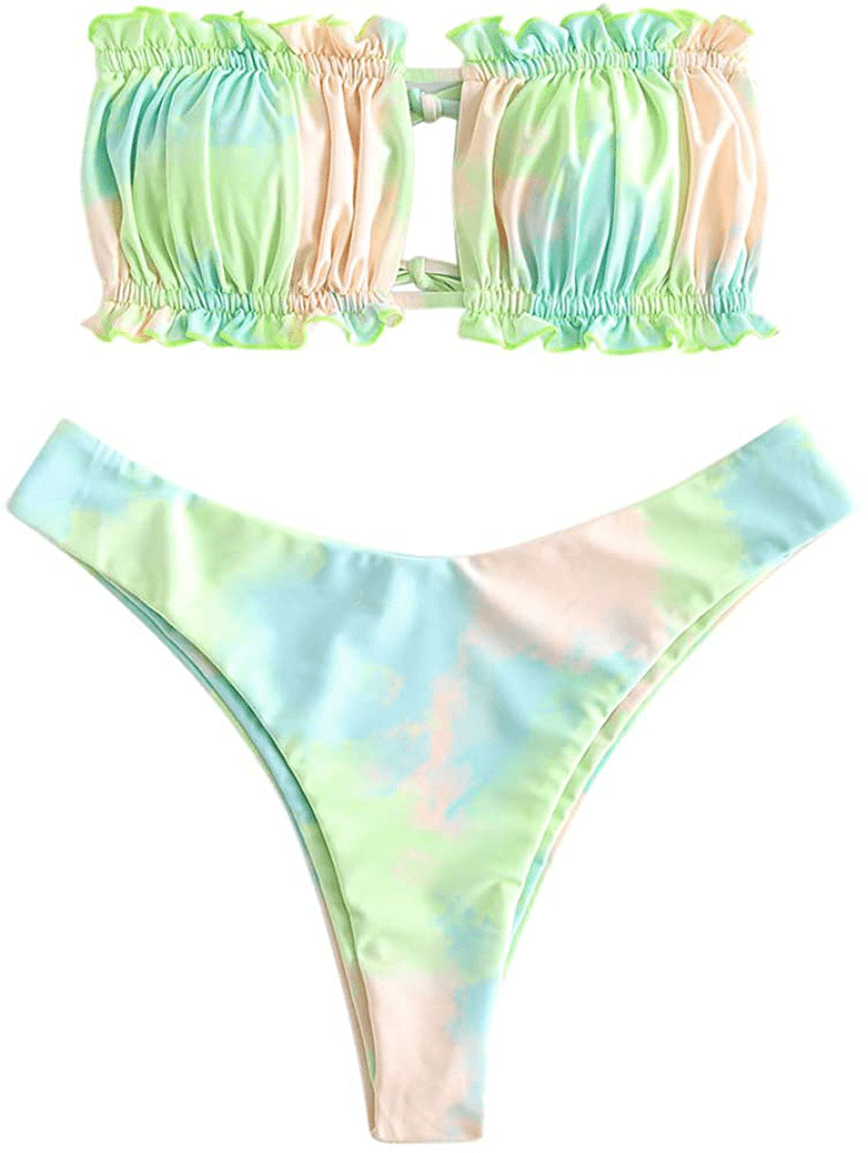 ZAFUL Women's Strapless Ribbed Tie Back Ruffle Cutout Bandeau Bikini Set Swimsuit Apparel & Accessories > Clothing > Swimwear ZAFUL I-green Large 