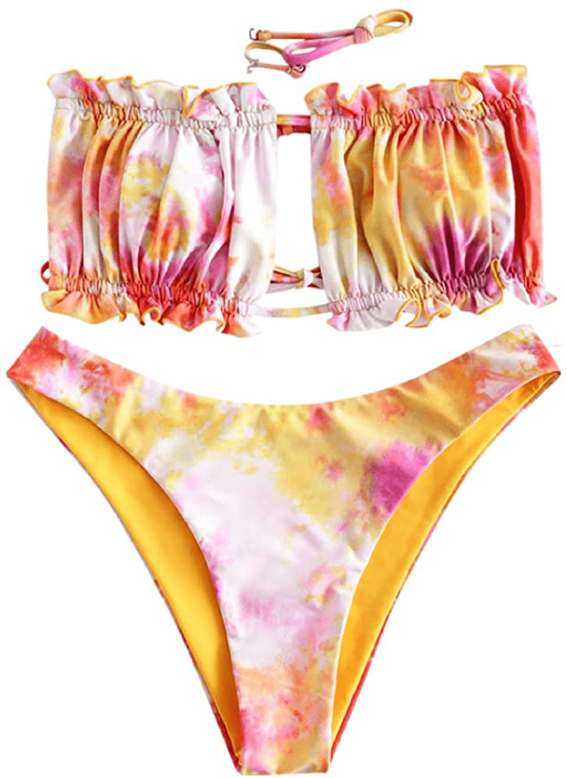 ZAFUL Women's Strapless Ribbed Tie Back Ruffle Cutout Bandeau Bikini Set Swimsuit Apparel & Accessories > Clothing > Swimwear ZAFUL T-multi-a Medium 