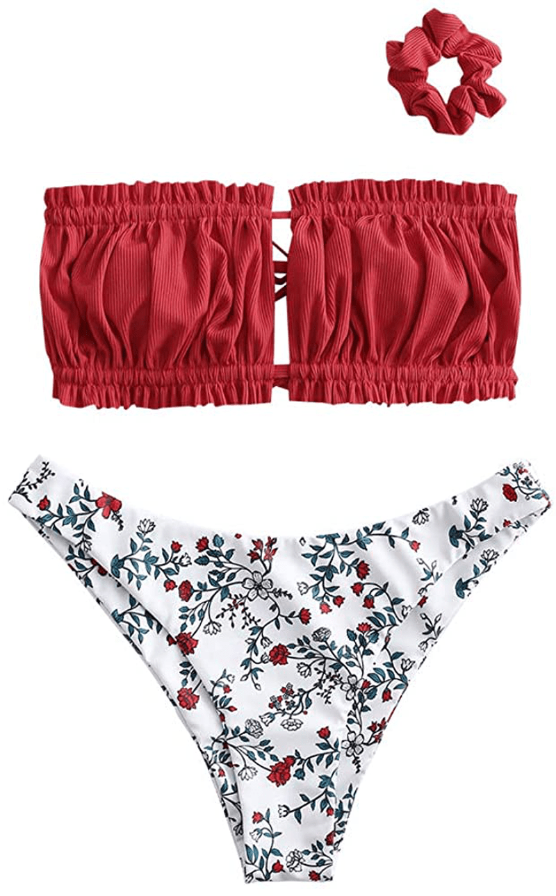 ZAFUL Women's Strapless Ribbed Tie Back Ruffle Cutout Bandeau Bikini Set Swimsuit Apparel & Accessories > Clothing > Swimwear ZAFUL Z-red Medium 