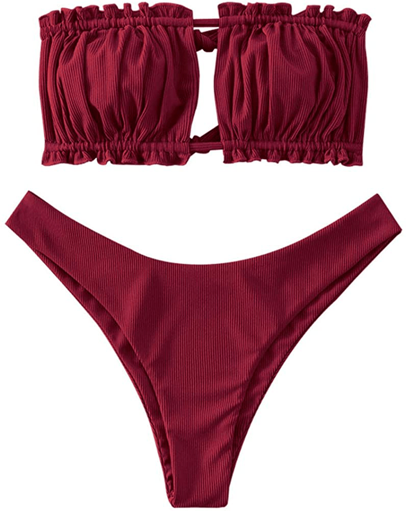 ZAFUL Women's Strapless Ribbed Tie Back Ruffle Cutout Bandeau Bikini Set Swimsuit Apparel & Accessories > Clothing > Swimwear ZAFUL Red Wine Medium 