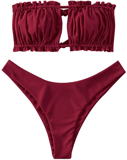 ZAFUL Women's Strapless Ribbed Tie Back Ruffle Cutout Bandeau Bikini Set Swimsuit Apparel & Accessories > Clothing > Swimwear ZAFUL Red Wine Medium 