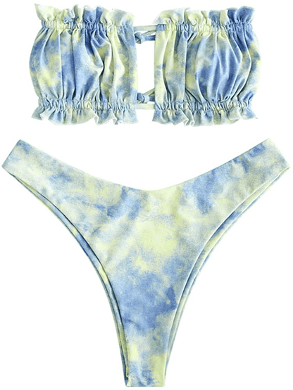ZAFUL Women's Strapless Ribbed Tie Back Ruffle Cutout Bandeau Bikini Set Swimsuit Apparel & Accessories > Clothing > Swimwear ZAFUL I-light Blue Small 