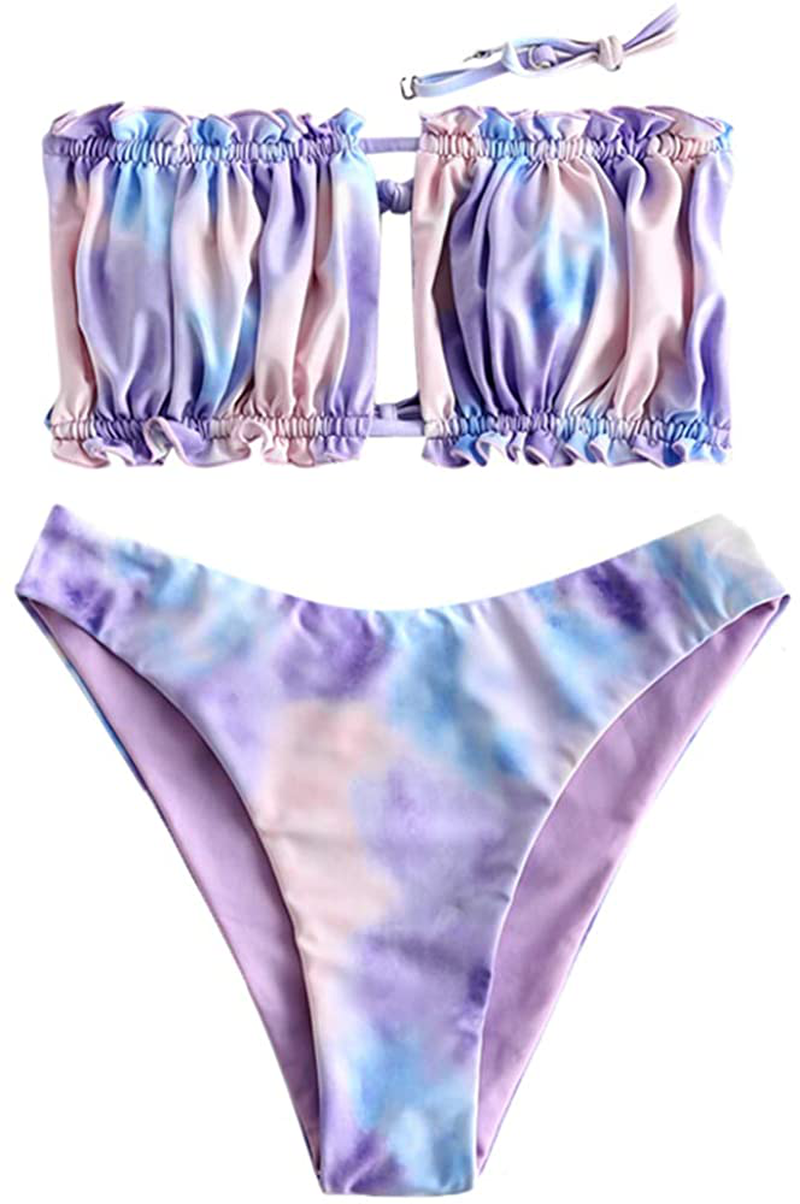 ZAFUL Women's Strapless Ribbed Tie Back Ruffle Cutout Bandeau Bikini Set Swimsuit Apparel & Accessories > Clothing > Swimwear ZAFUL T-multi-c Medium 