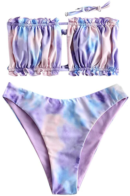 ZAFUL Women's Strapless Ribbed Tie Back Ruffle Cutout Bandeau Bikini Set Swimsuit Apparel & Accessories > Clothing > Swimwear ZAFUL T-multi-c Medium 
