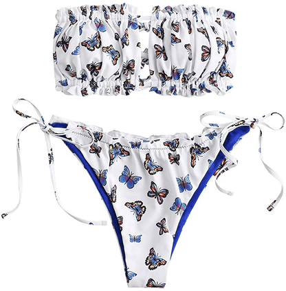 ZAFUL Women's Strapless Ribbed Tie Back Ruffle Cutout Bandeau Bikini Set Swimsuit Apparel & Accessories > Clothing > Swimwear ZAFUL H-white Large 