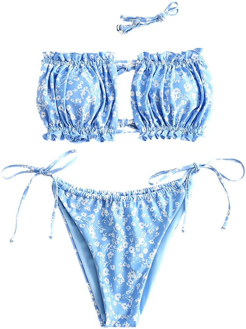 ZAFUL Women's Strapless Ribbed Tie Back Ruffle Cutout Bandeau Bikini Set Swimsuit Apparel & Accessories > Clothing > Swimwear ZAFUL W-light Blue Medium 