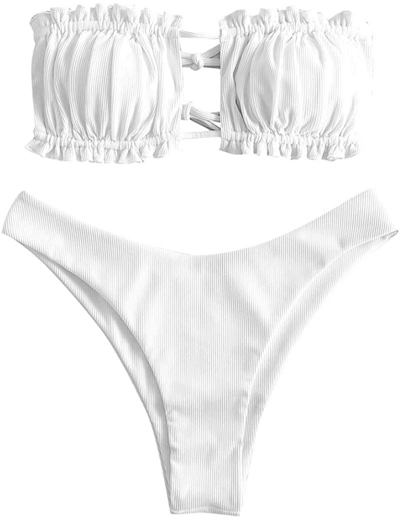 ZAFUL Women's Strapless Ribbed Tie Back Ruffle Cutout Bandeau Bikini Set Swimsuit Apparel & Accessories > Clothing > Swimwear ZAFUL B-white Medium 