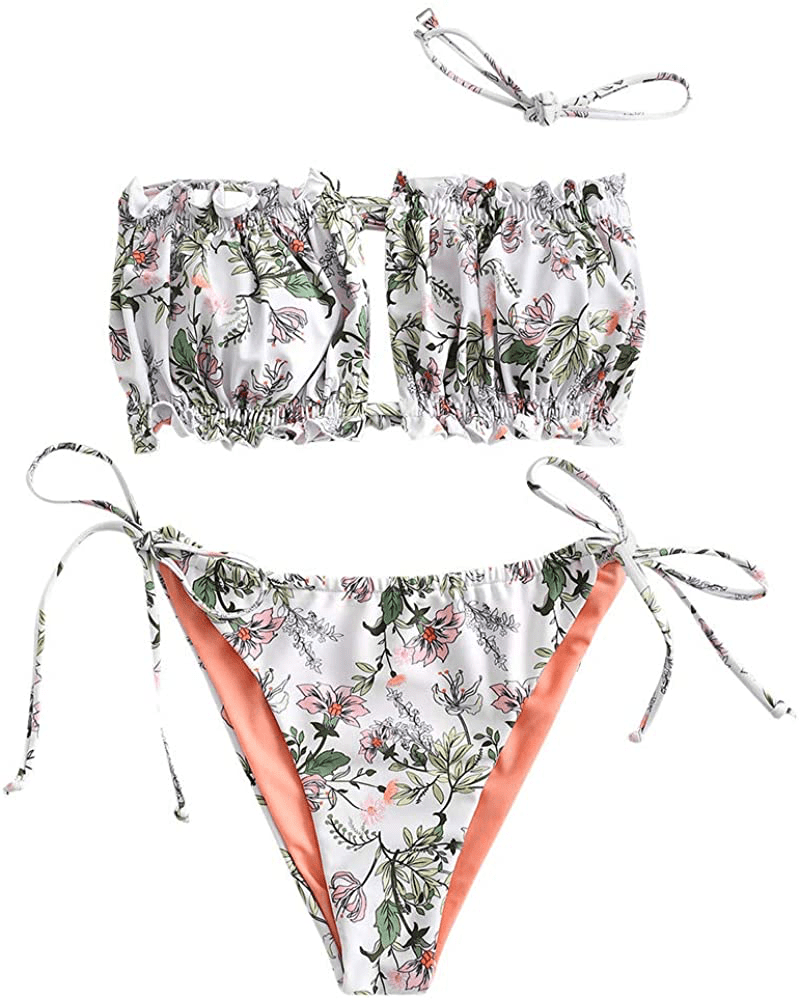 ZAFUL Women's Strapless Ribbed Tie Back Ruffle Cutout Bandeau Bikini Set Swimsuit Apparel & Accessories > Clothing > Swimwear ZAFUL W-light Salmon Large 