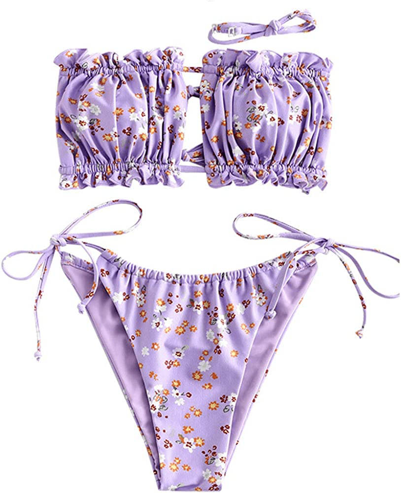 ZAFUL Women's Strapless Ribbed Tie Back Ruffle Cutout Bandeau Bikini Set Swimsuit Apparel & Accessories > Clothing > Swimwear ZAFUL W-mauve Large 