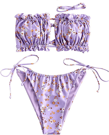 ZAFUL Women's Strapless Ribbed Tie Back Ruffle Cutout Bandeau Bikini Set Swimsuit Apparel & Accessories > Clothing > Swimwear ZAFUL W-mauve Large 