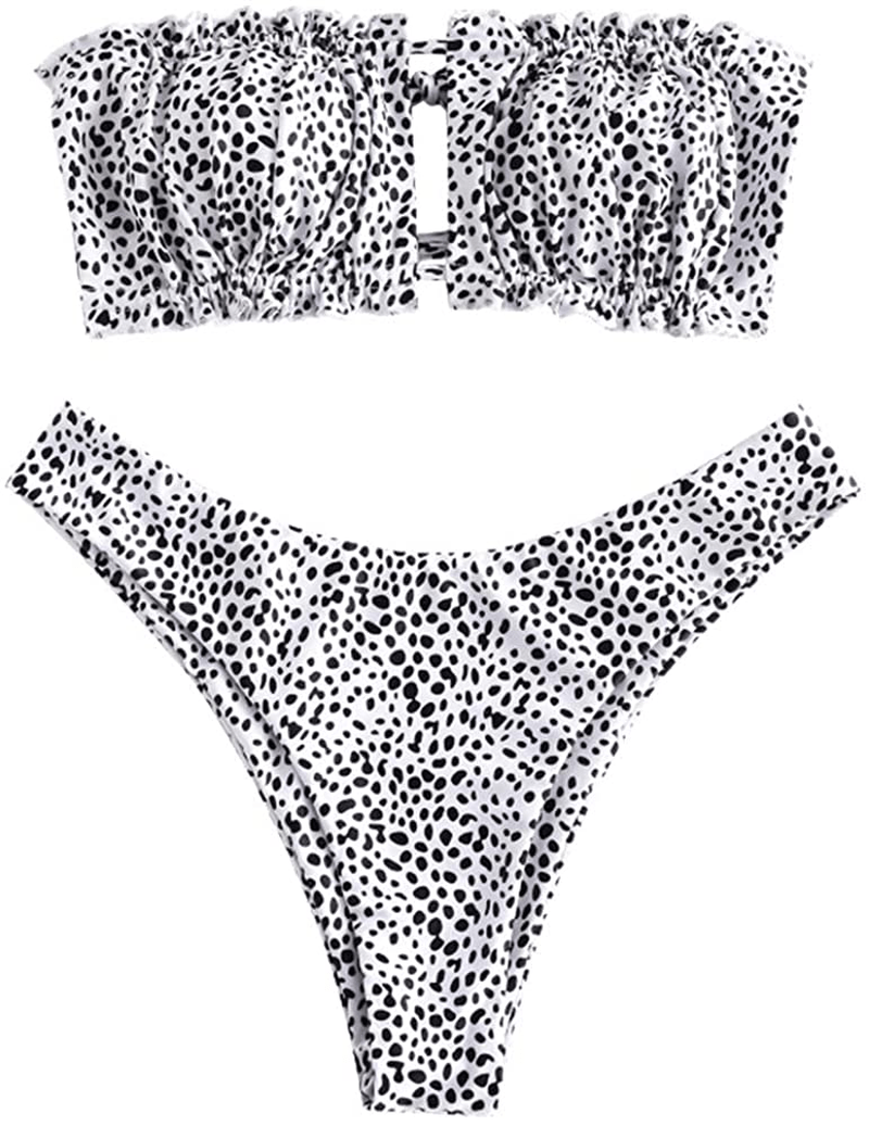 ZAFUL Women's Strapless Ribbed Tie Back Ruffle Cutout Bandeau Bikini Set Swimsuit Apparel & Accessories > Clothing > Swimwear ZAFUL T-dot Medium 