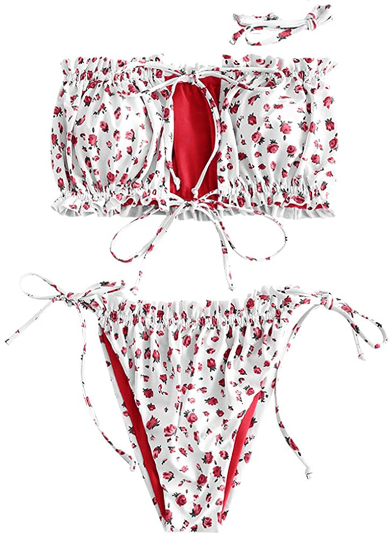 ZAFUL Women's Strapless Ribbed Tie Back Ruffle Cutout Bandeau Bikini Set Swimsuit Apparel & Accessories > Clothing > Swimwear ZAFUL X-lava Red Medium 