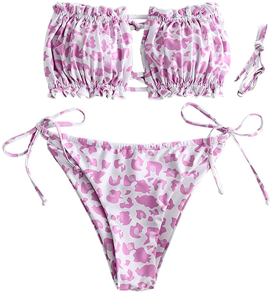 ZAFUL Women's Strapless Ribbed Tie Back Ruffle Cutout Bandeau Bikini Set Swimsuit Apparel & Accessories > Clothing > Swimwear ZAFUL A-purple Small 
