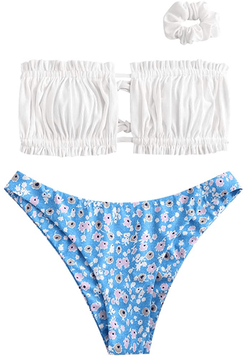 ZAFUL Women's Strapless Ribbed Tie Back Ruffle Cutout Bandeau Bikini Set Swimsuit Apparel & Accessories > Clothing > Swimwear ZAFUL Z-white Small 